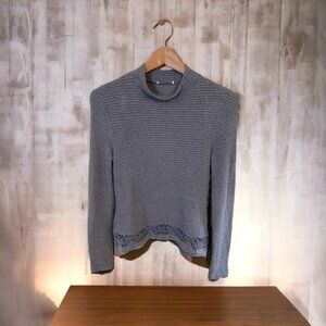 Womens Small Knit Top Gray Lace Trim Long Sleeves Lightweight High Neck Y2K